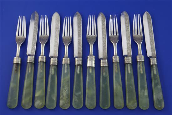 Six pairs of Indian? silver and green hardstone handled dessert eaters, knife 8.25in.